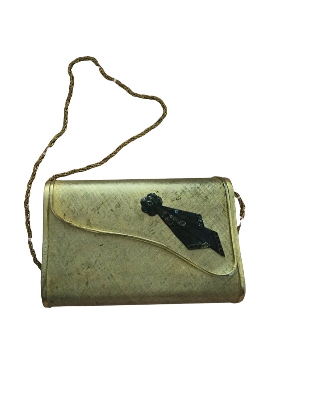 SAKS FIFTH AVENUE Gold Metal Hard Case Clutch Purse, Velvet Lined